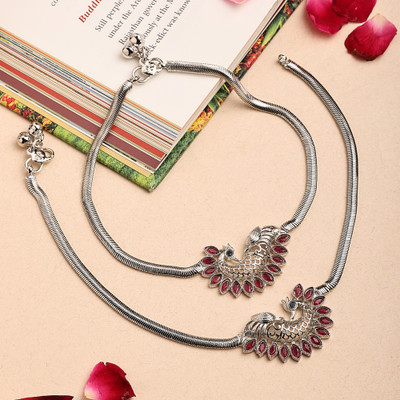 ZENEME Silver-Plated Oxidised Ruby Peacock Grace Pair Of Anklets Alloy Anklet(Pack of 2)