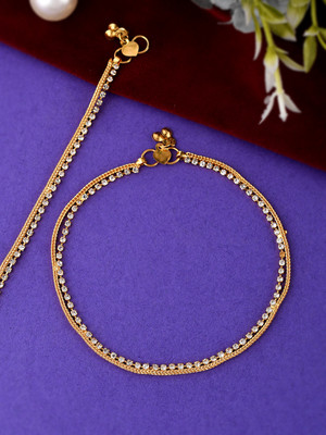 Silvermerc Designs Gold Plated White Stone Studded Handcrafted Chain Anklet Brass Anklet(Pack of 2)
