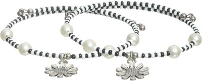 AATMANA Set of 2 Silver-Toned & Black & White Beaded Handcrafted Anklets Alloy Anklet(Pack of 2)