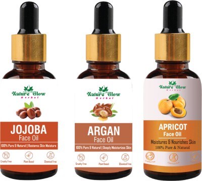 Nature Glow Herbal Jojoba +Argan +Apricot Facial Oil for Skin & Hair |Virgin & Unrefined| Pack Of 3(45 ml)