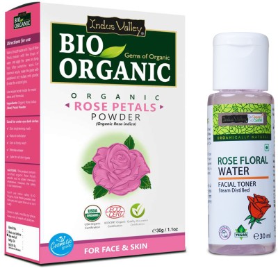 Indus Valley Bio Organic Rose Petals Powder 30gm and Rose Water 30ml Skin & Face Care Combo(60 ml)