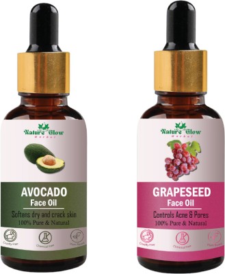 Nature Glow Herbal Avocado+Grapeseed Facial Oil | Moisturizes Skin, Repairs | Pack of 2(30 ml)