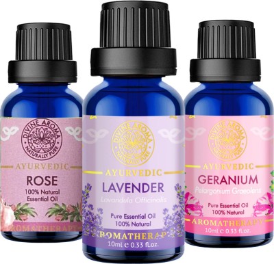 Divine Aroma Rose,Lavender & Geranium|10mlx3| Essential Oil For Skin Care & Personal Care(30 ml)