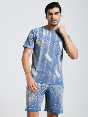 Vogaan Men Printed Blue, White Night Suit Set