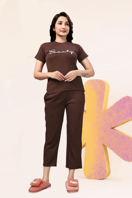 PTELRA Women Printed Brown Night Suit Set