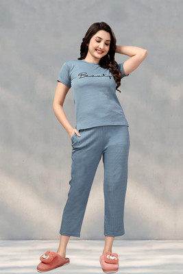 ZEEMBOOLI Women Printed Light Blue Top & Pyjama Set