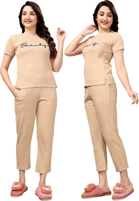 ZEEMBOOLI Women Printed Beige Top & Pyjama Set