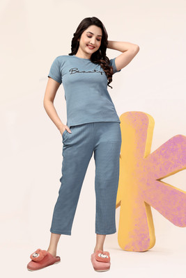 PTELRA Women Printed Light Blue Night Suit Set