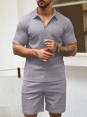 Vogaan Men Solid Grey Top & Shorts Set