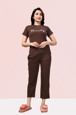 PTELRA Women Self Design, Printed Brown Night Suit Set