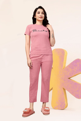 PTELRA Women Printed Pink Night Suit Set