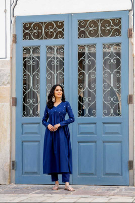 ABHILASHA CREATION Women Solid, Embroidered Anarkali Kurta(Blue)