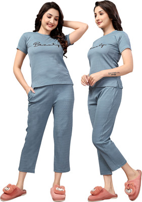 ZEEMBOOLI Women Printed Light Blue Top & Pyjama Set