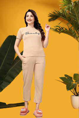 PTELRA Women Self Design Beige Night Suit Set