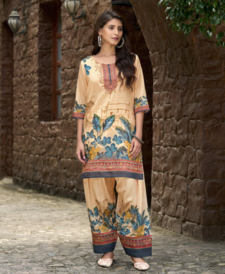 MOJILAA Women Ethnic Top Palazzo Set