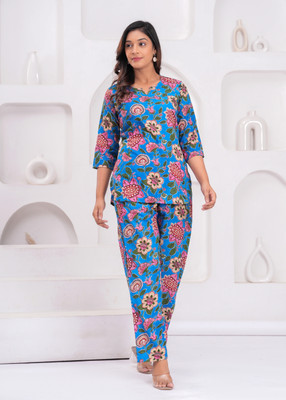 HouseOfCommon Women Floral Print Blue Top & Pyjama Set