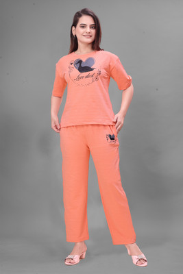 NARAYAN TEXTILE Women Graphic Print Orange Top & Pyjama Set