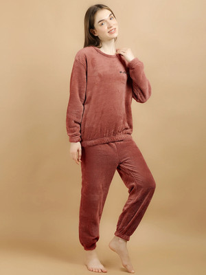 Lugo Women Solid Red Night Suit Set