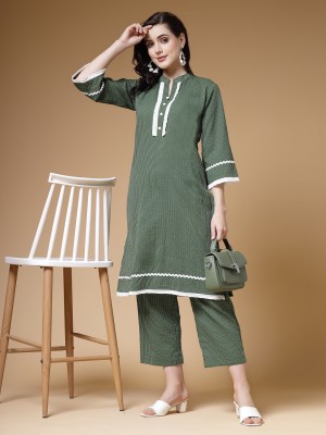 indibelle Women Self Design, Striped Straight Kurta(Green)