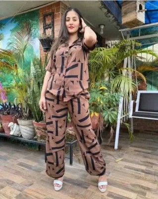 Online Bazaar Women Printed Brown Top & Pyjama Set