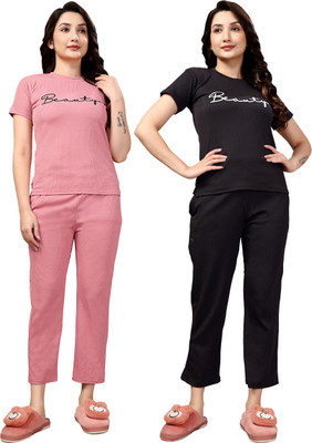 PTELRA Women Printed Pink, Black Night Suit Set