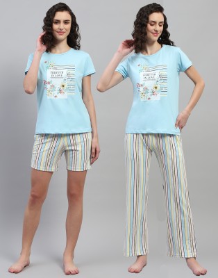 MONTE CARLO Women Printed Light Blue Top & Pyjama Set