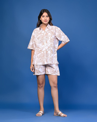 Beige & White Printed Co-ord Shorts Set Top Regular Shorts Co-ords Set