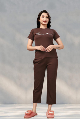 PTELRA Women Printed Brown Night Suit Set