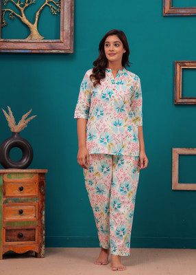 Glorygarb Women Floral Print White Top & Pyjama Set