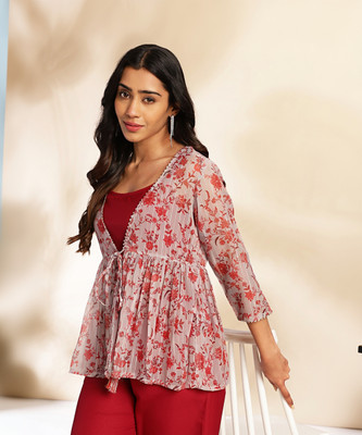 Janasya Top Pant Co-ords Set with Jacket