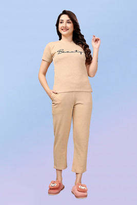 PTELRA Women Self Design Beige Night Suit Set