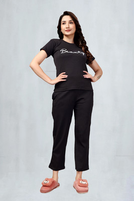 ZEEMBOOLI Women Printed Black Top & Pyjama Set