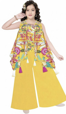 TDDRESSES Girls Festive & Party, Casual Ethnic Jacket, Kurta and Palazzo Set(Yellow Pack of 1)