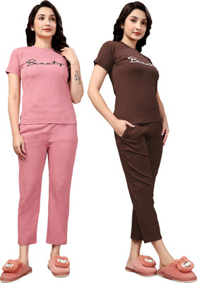 PTELRA Women Printed Pink, Brown Night Suit Set