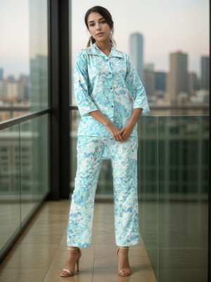 Belvik Women Printed Blue Top & Pyjama Set