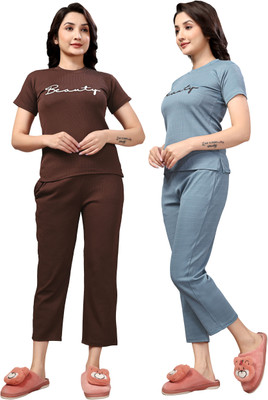 PTELRA Women Printed Brown, Light Blue Night Suit Set