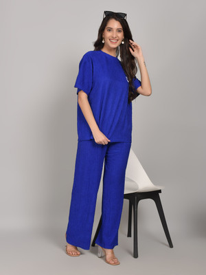 Lugo Women Solid Blue Night Suit Set