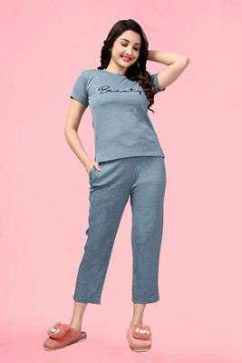 PTELRA Women Self Design, Printed Light Blue Night Suit Set