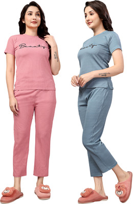 PTELRA Women Printed Pink, Light Blue Night Suit Set