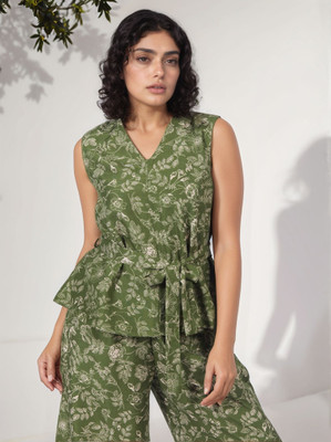 FashFun Formal 3/4 Sleeve Printed Women Green Top