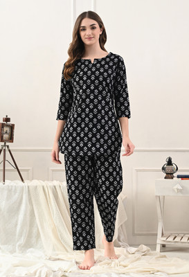 zivsy Women Printed Black, White Top & Pyjama Set