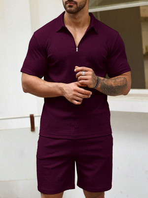 Vogaan Men Solid Red Top & Shorts Set