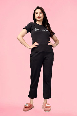 PTELRA Women Printed Black Night Suit Set