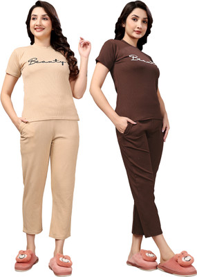 PTELRA Women Printed Beige, Brown Night Suit Set
