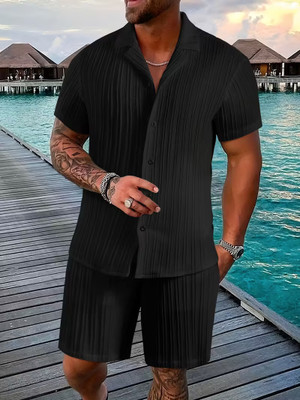 HARI TRENDZ CLOTHING Men Self Design, Striped Black Top & Shorts Set
