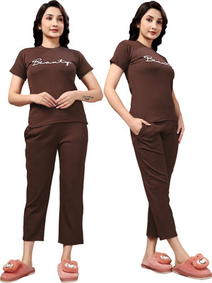 ZEEMBOOLI Women Self Design Brown Night Suit Set
