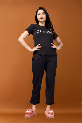 PTELRA Women Printed Black Night Suit Set