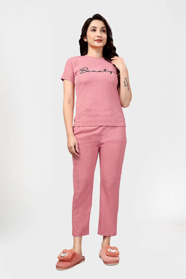 PTELRA Women Solid Pink Night Suit Set