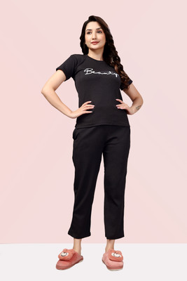 PTELRA Women Self Design, Printed Black Night Suit Set