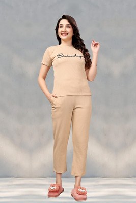 ZEEMBOOLI Women Self Design Beige Top & Pyjama Set